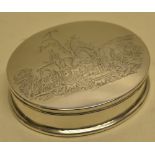 An Edward VIII oval silver tobacco box, the cover engraved with a hunting scene after Henry Alken.