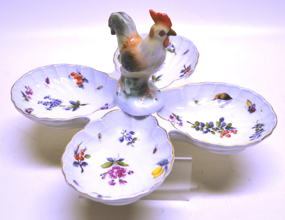 A Herend porcelain hors d'oeuvre dish, the four shell shape dishes painted flowers and insects, a