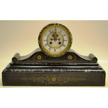 A French nineteenth century mantel clock, the drum top polished slate case with an 8 day movement