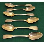 Six nineteenth century Irish silver fiddle pattern dessert spoons, engraved initials, five Maker