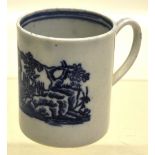 An eighteenth century English porcelain small mug, decorated a blue oriental style figure in a