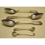 Three nineteenth century Danish silver fiddle and thread pattern table spoons, engraved initials,