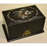 A Victorian black papier mache rectangular tea chest, the hinged lid painted and inlaid mother of