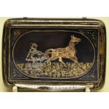 A Russian late nineteenth century decorated hip shape cigarette case, the hinged lid with a gold