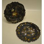 Two early Victorian black papier mache cake baskets, one painted flowers with gilt sprays inlaid