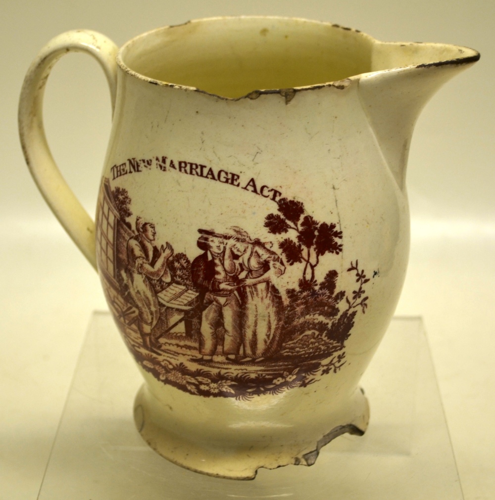 A late eighteenth century Leeds creamware jug, decorated with transfers in puce, 'The New Marriage