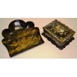 A Victorian black papier mache rectangular trinket box painted and inlaid mother of pearl flowers,