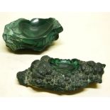 Two blocks of Malachite with dished centres. 5in (13cm) and 6.5in (16.5cm) (2)