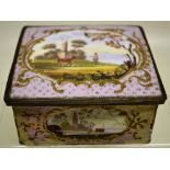 An eighteenth century Staffordshire enamel decorated square trinket box, the hinged lid and sides