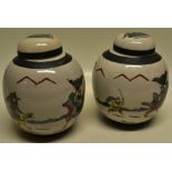 A pair of Chinese crackleware ginger jars and covers, decorated warriors on horseback with