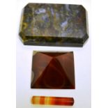 A rectangular moss agate paperweight with angled corners, 4.1in (10x5cm) red agate pyramid