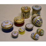 Halcyon Days. Ten enamel boxes; one large egg shape. 2.5in (6.5cm) 'Think of me', a circular box
