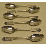 A set of six early Victorian silver teaspoons, Queens husk pattern, engraved a crest above an