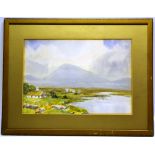 B. McGuinness R.H.A a signed watercolour, cabins by an inlet in a mountainous Irish landscape.