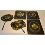 Three Victorian black papier mache blotters, painted flowers and inlaid mother of pearl borders to