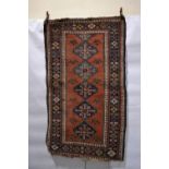 Kurdish rug, north west Persia, circa 1920s-30s, 6ft. 5in. x 3ft. 9in. 1.96m. x 1.14m. Overall wear;