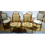 A set of six French beech frame fauteils, in Louis XV style, two upholstered different material, the