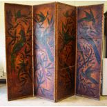 A late eighteenth century four fold screen, covered in Spanish leather, decorated a pheasant and
