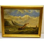J Teape. A signed nineteenth century oil painting on board, fishing boats off the White Cliffs of