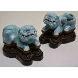 A pair of Chinese porcelain pale blue recumbent lions, 5in (13cm) on hardwood stands with later