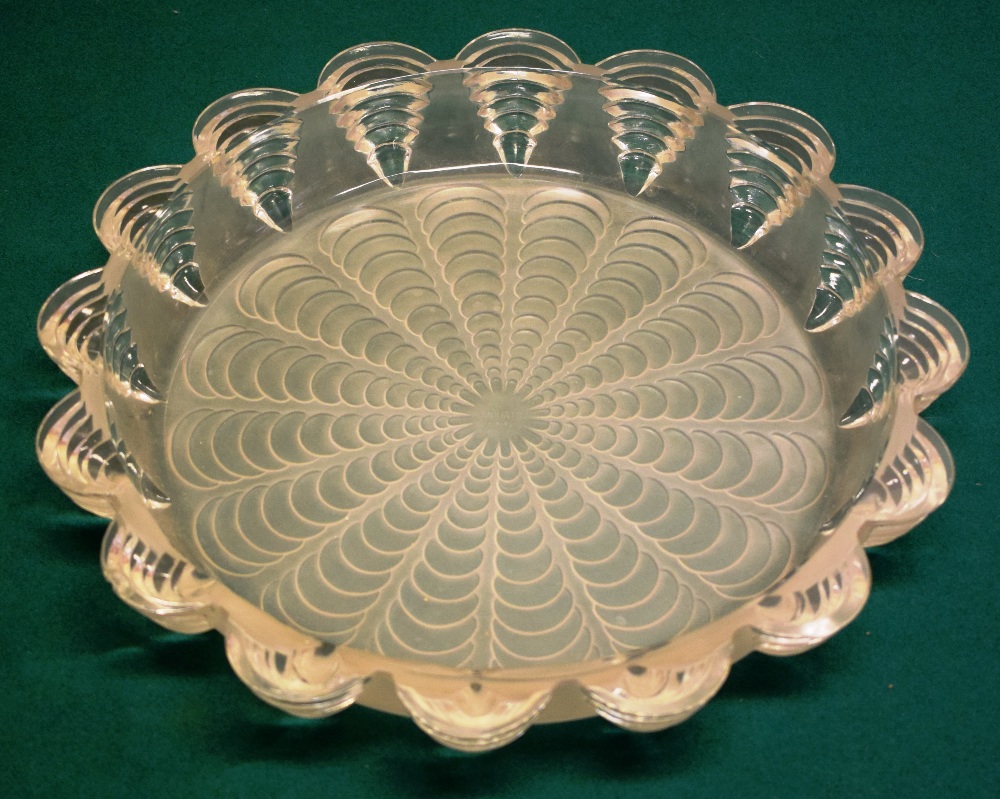 R Lalique. A 1930's frosted glass rose water dish, the sides with moulded tapering reeded lights (