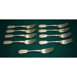 A set of nine Russian nineteenth century silver fiddle pattern table forks, engraved initials.