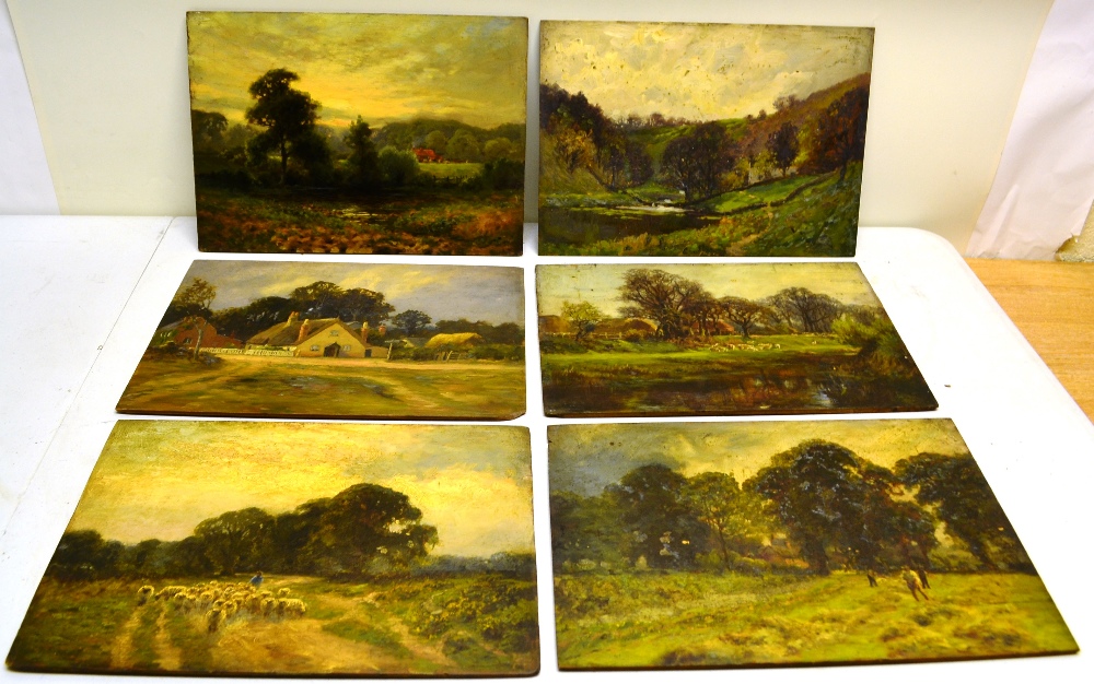 C Knight. Six unsigned oil painting on board, a flock of sheep being driven down a track driveway,