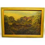 C Knight 1885. A signed and dated oil painting on canvas, a farmhouse by a pond amongst trees.