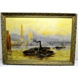 J Hayes. A signed Edwardian oil painting on canvas, a tugboat towing craft on the Thames (by