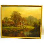 C Knight. A signed late nineteenth century oil painting on canvas, sheep on a riverside pathway near