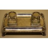 A Victorian silver rectangular partners inkstand, the two pen trays with two pierced square fret