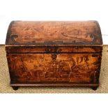 A late nineteenth century child's Scandinavian pine domed trunk, decorated poker- work pixies at