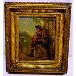 G.M. A nineteenth century oil painting on wood panel of a Tyrolean shepherd boy, seated by a wall