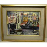R Weisbrock '50. A signed Gouache, barge moored by a jetty with small craft. 17.5in (44.5cm) x 23.