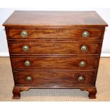 A late eighteenth century mahogany veneered chest, inlaid stringing to crossbanding, the four long