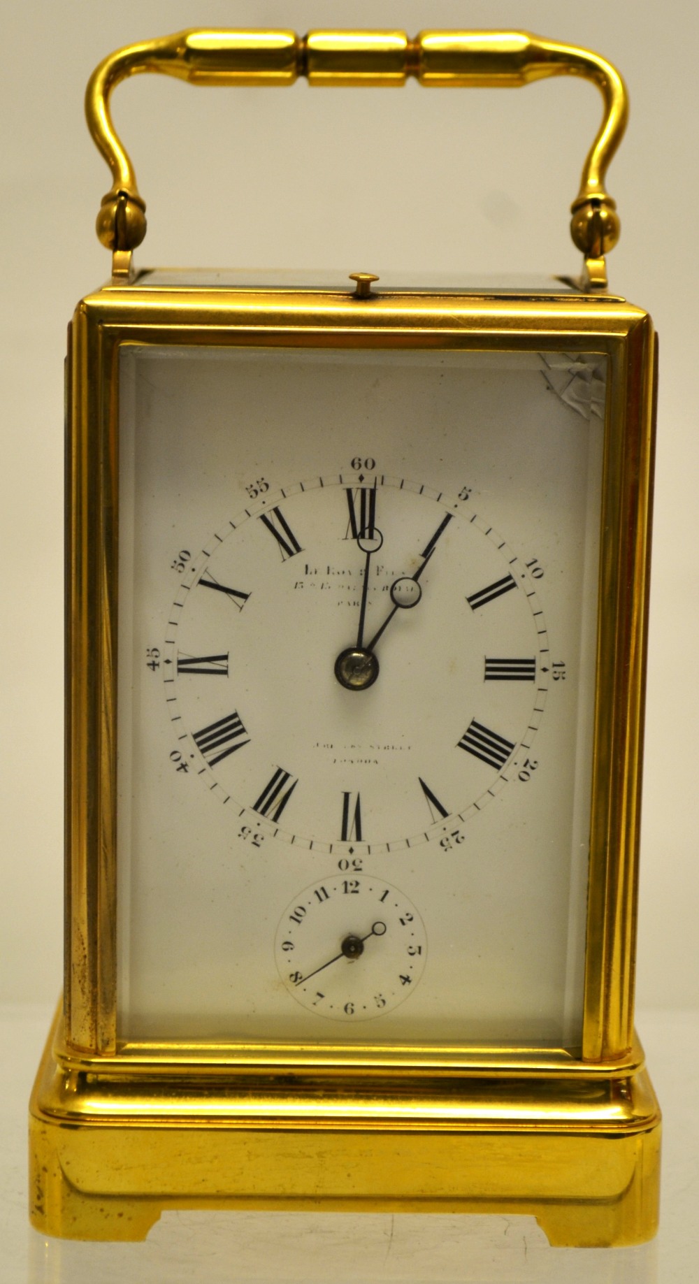 A French nineteenth century brass carriage clock, the alarum and repeat striking mechanism removed