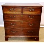 A late eighteenth century mahogany veneered travelling chest, of two short and three long