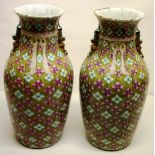 A pair of Chinese nineteenth century porcelain vases, the rib panelled bodies with a pattern of puce