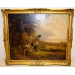 Follower of G Morland. An oil painting on canvas, two boys by a brook with an oak tree and a