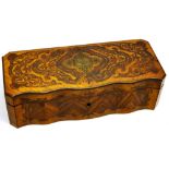A nineteenth century French oblong glove box, veneered in a tulipwood and kingwood marquetry with