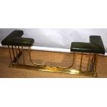 A brass club fender, having brass nailed green padded seats, on rail supports to an extending plinth