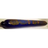 A large mid nineteenth century blue glass rolling pin, applied colour transfers of nautical texts.