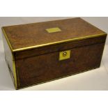 A Victorian walnut and burr walnut veneered rectangular lap desk, brass bound, the hinged lid and