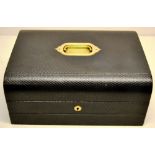 A Victorian rectangular lap desk, covered in dyed black leather, the hinged lid inset an inscribed