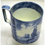 An early nineteenth century blue and white pearlware large mug, transfer decorated, a shipping scene