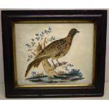 A nineteenth century feather picture of a hen pheasant, perched on a blasted tree stump in a pool,