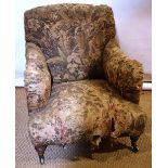 A Howard & Sons design upholstered late Victorian armchair, one back leg numbered 10848 4805, on