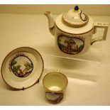 A German Grosbreinback porcelain teapot and matching can and saucer, decorated a couple at a