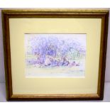Diana Maxwell Armfield. A watercolour in pointillism style, people relaxing beneath a tree in a park