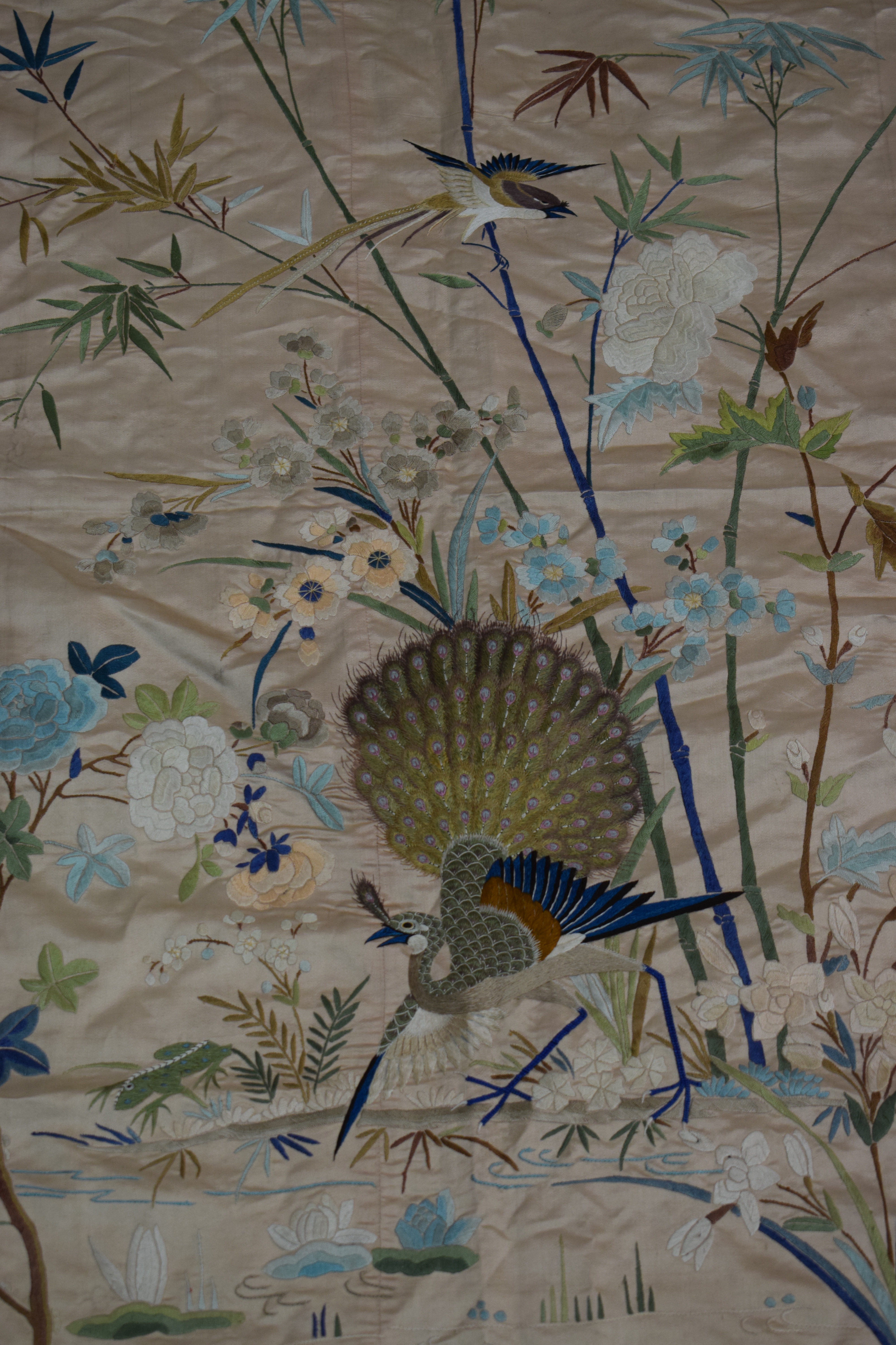 Chinese pale peach silk satin shawl or cover, first half 20th century, 51in. 130cm. Square. Very - Image 12 of 13
